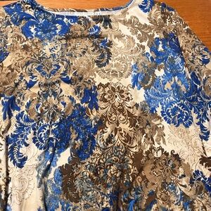 Susan Graver Blue and Cream Graphic 3/4 Sleeve Blouse
